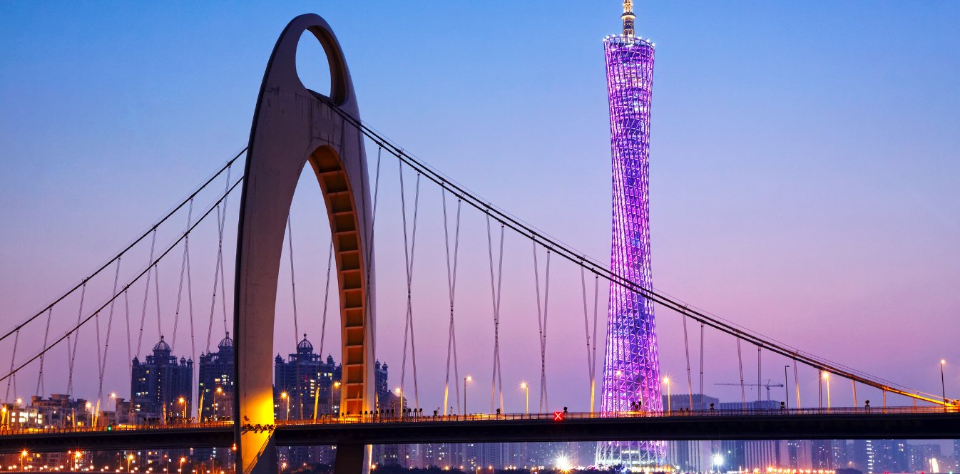 Canton Tower and Liede Bridge at dusk, Guangzhou